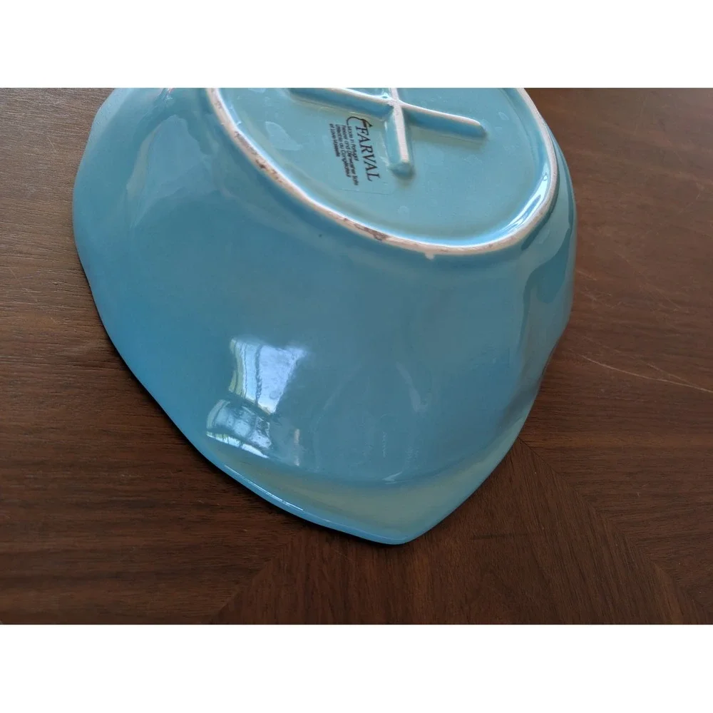 Farval Portugal Blue Ceramic Fish Serving Bowl Embossed Scales Coastal‎ Decor